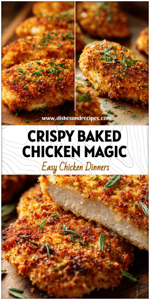 Close-up of baked Parmesan Breadcrumb Chicken with a golden crust and fresh herbs on top.